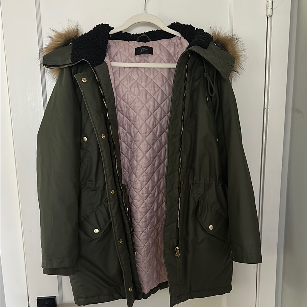 J. Crew Olive Green Parka with Faux Fur Hood